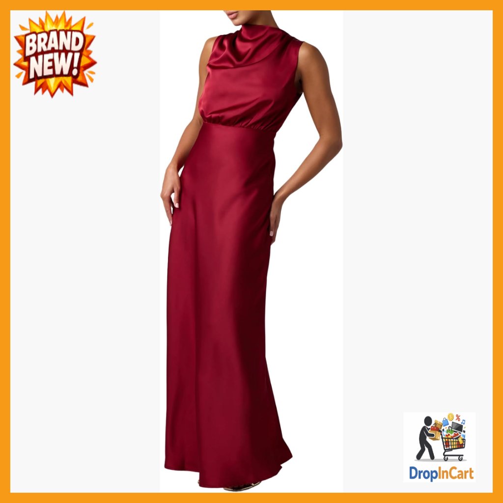Satin Maxi Dress Elegant Mock Neck Flowy A-Line Back Cutout Evening Wear